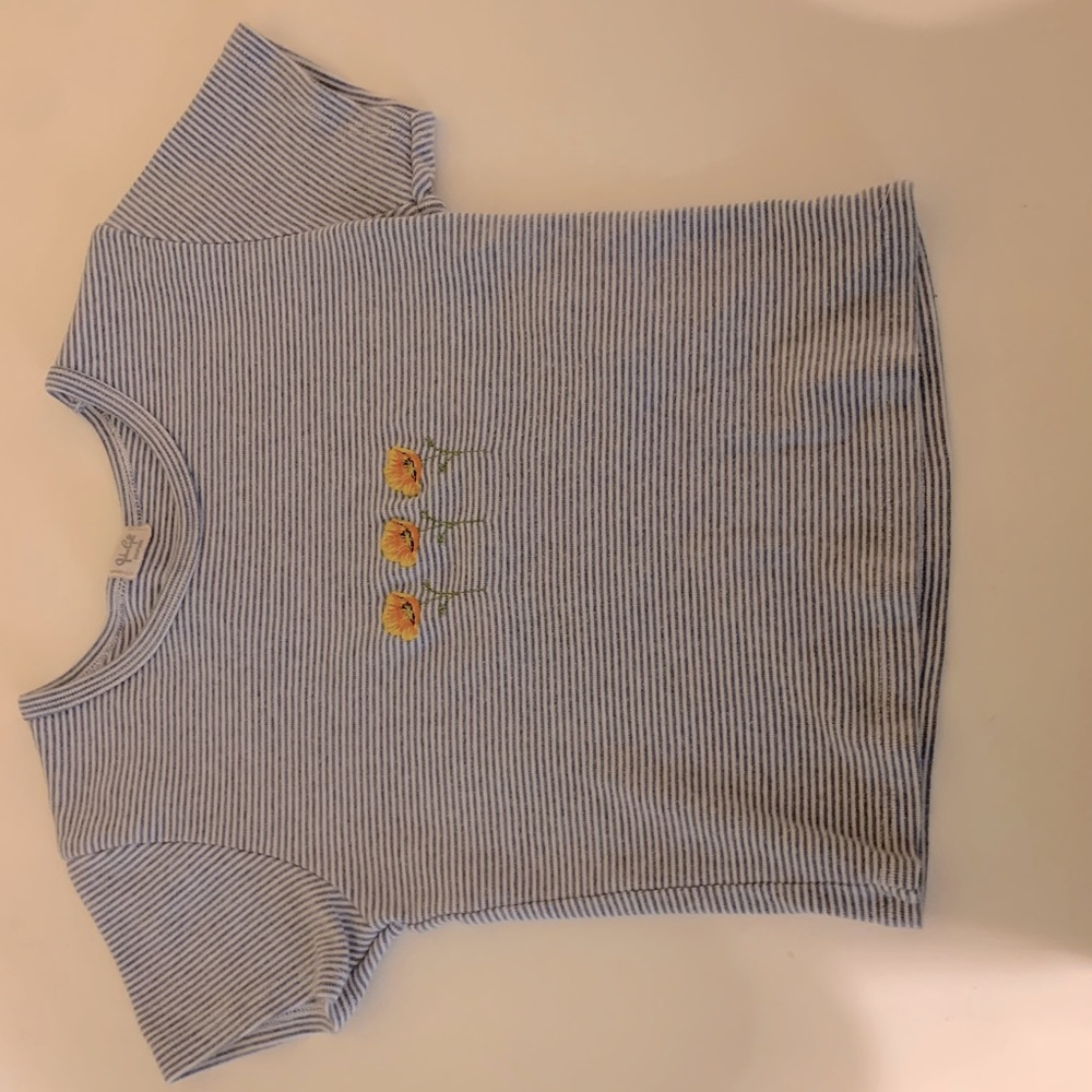 Striped blue and white crop top with three cute flowers on the chest!